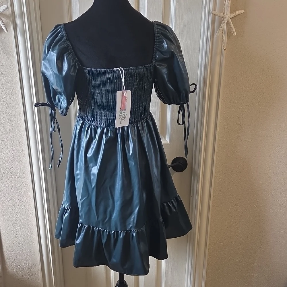 Chic Dark Green Faux Leather Puff Sleeve Mini Dress - Picture 15 of 16